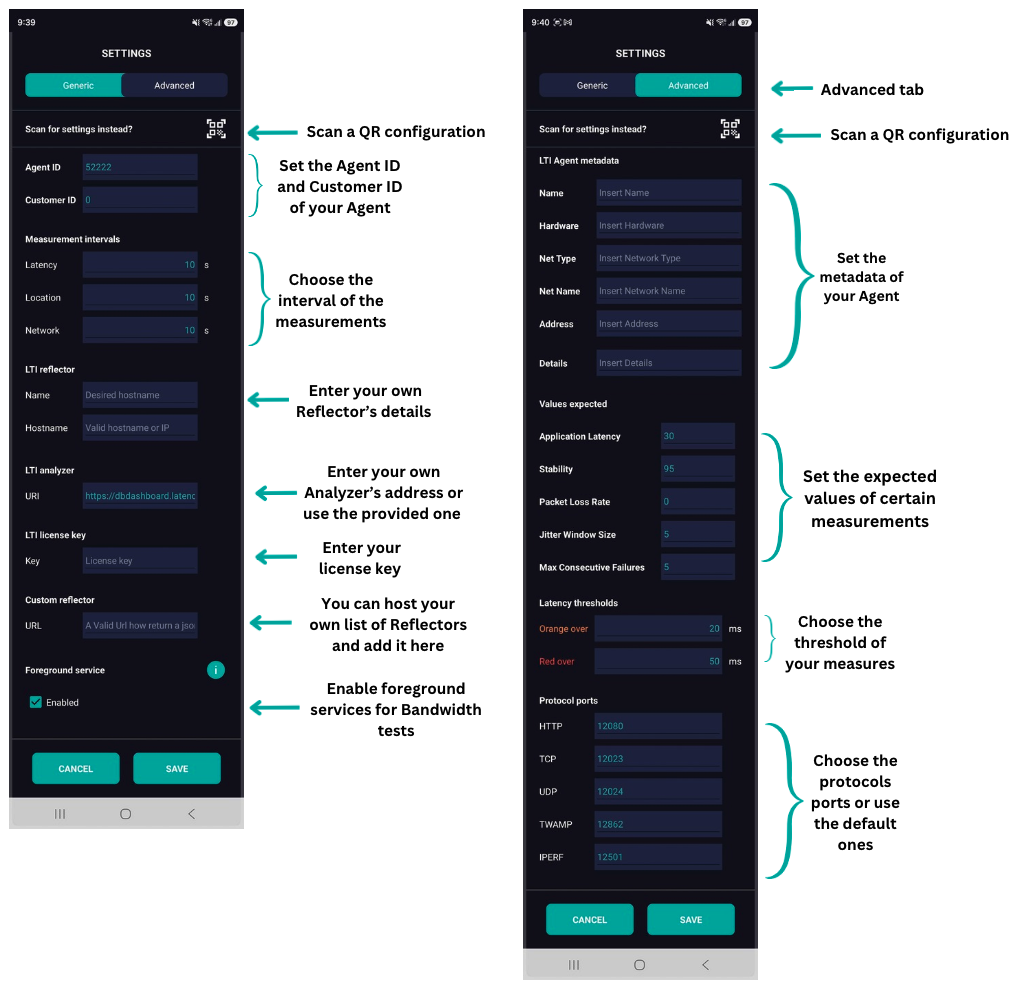 Paramètres de l'application mobile
